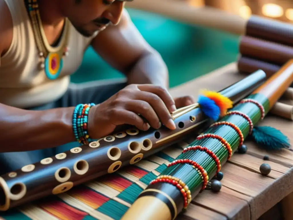 Un artesano indígena rescata instrumentos destacados con habilidad, tallando diseños en una flauta de madera rodeado de plumas y abalorios coloridos