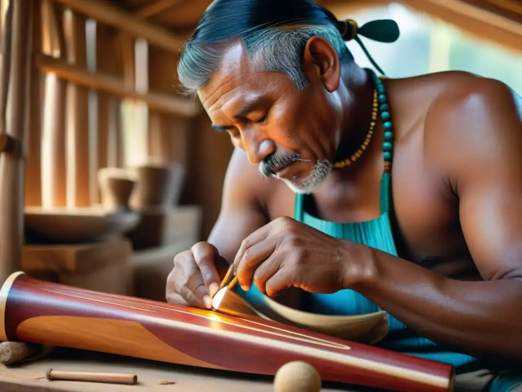 Un artesano indígena crea instrumentos musicales sostenibles con maestría y dedicación, rodeado de herramientas de madera y luz cálida