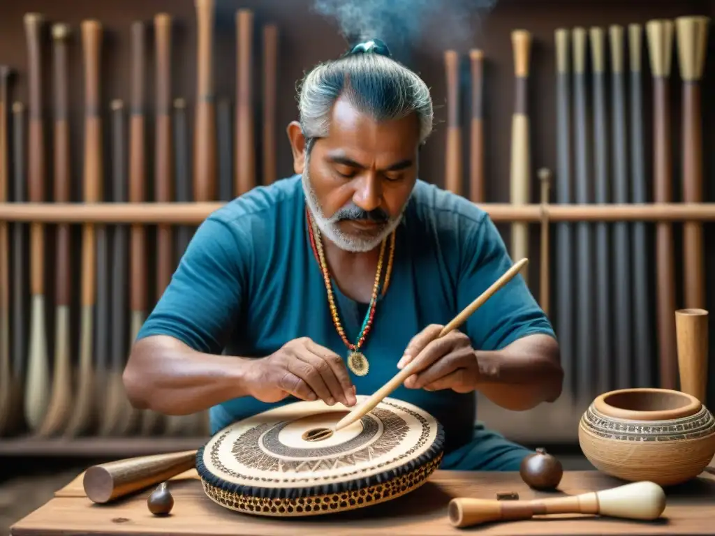 Un artesano indígena elaborando instrumentos musicales tradicionales con técnicas ancestrales en Talleres instrumentos musicales indígenas