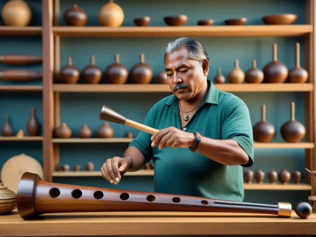 Un artesano indígena tallando instrumentos musicales tradicionales