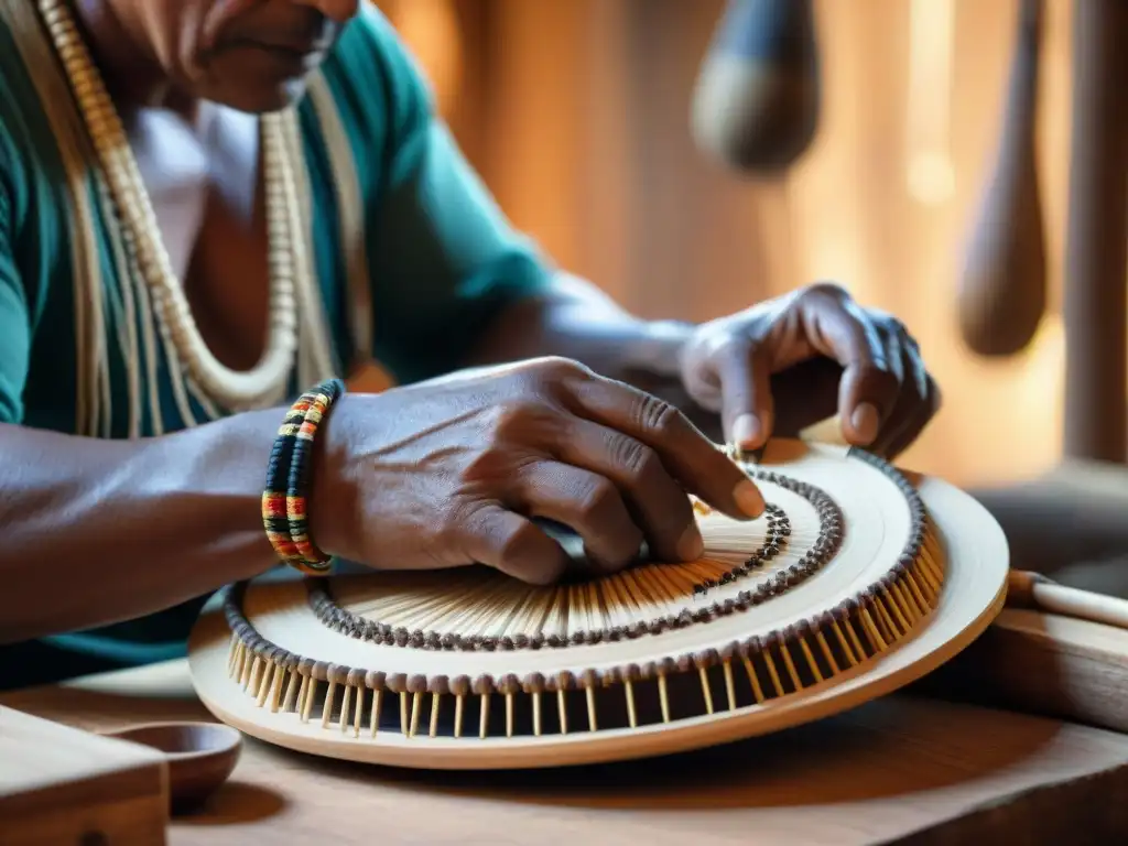 Artesano indígena construyendo instrumentos musicales con maestría en taller rústico