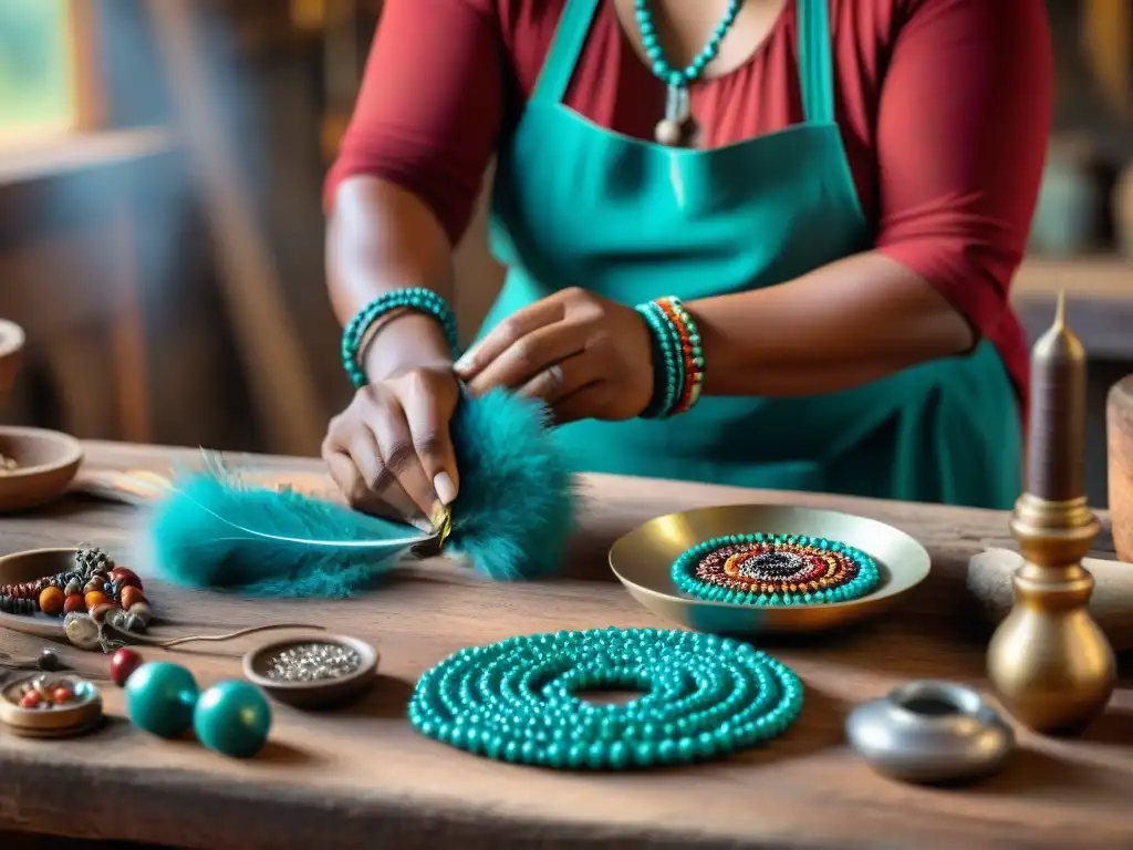 Hábil artesano indígena creando joyas auténticas en taller rústico