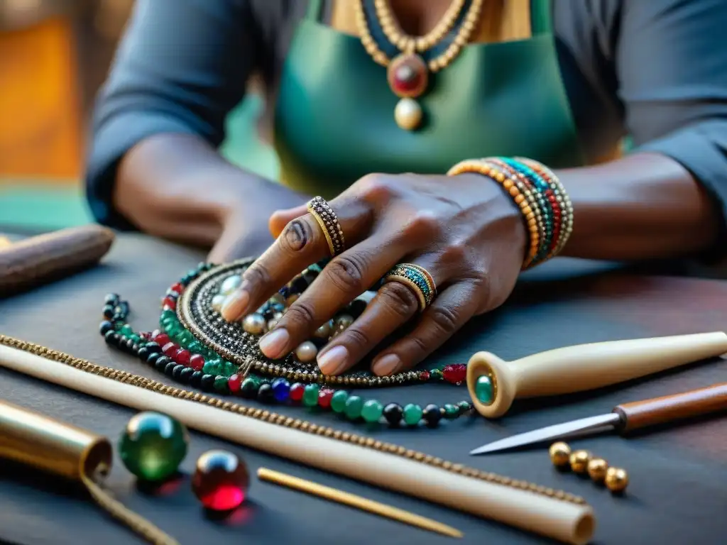 Un artesano indígena crea joyas con destreza en un taller lleno de herramientas y gemas, reflejando autenticidad y tradición