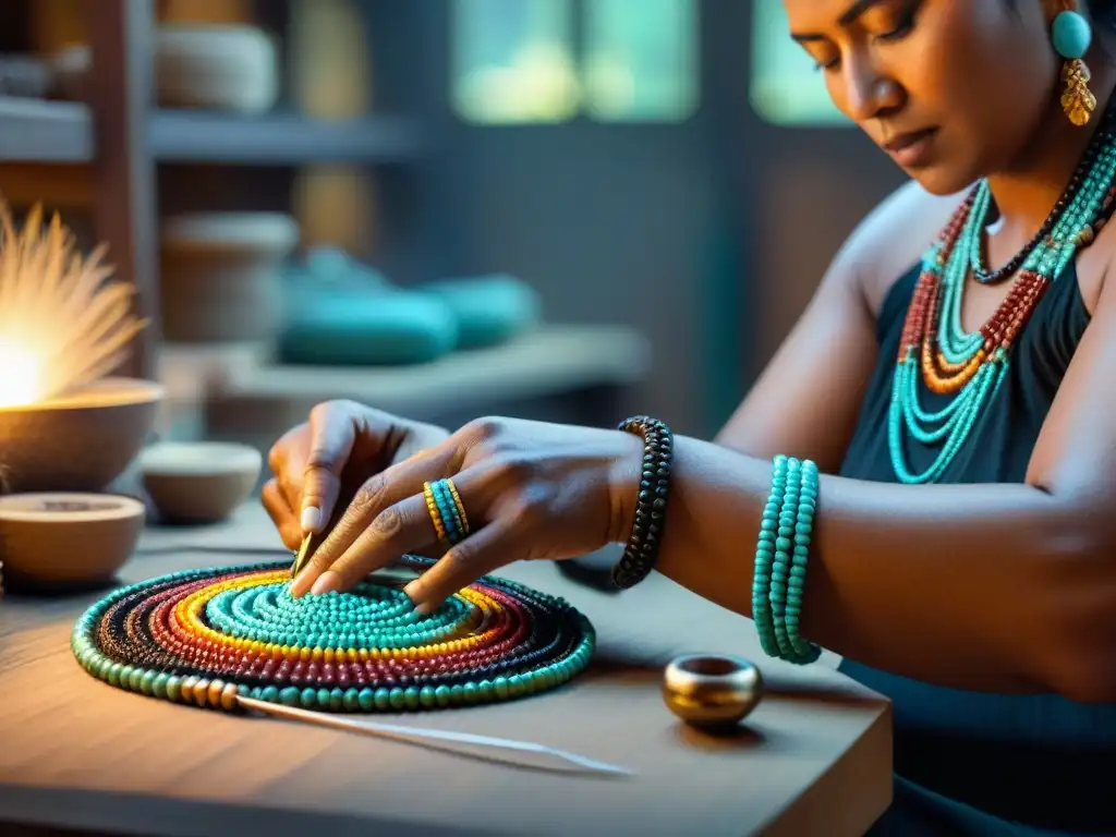 Artesano indígena creando joyería contemporánea con destreza y materiales naturales en taller tenue