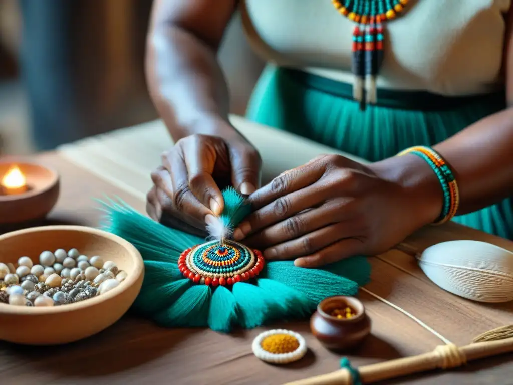 Artesano indígena tejiendo joyería tradicional con destreza