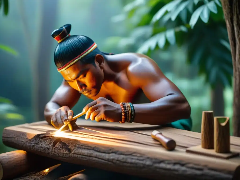 Artesano indígena tallando madera con herramientas tradicionales en un bosque exuberante