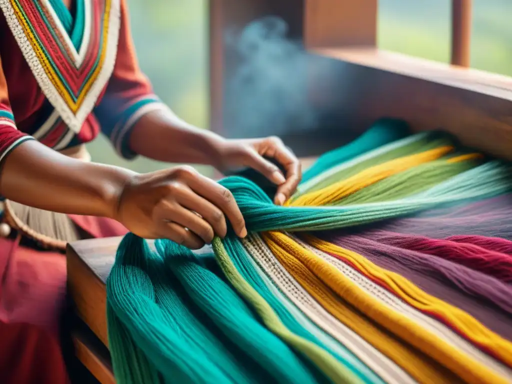 Un artesano indígena tejiendo a mano patrones vibrantes en un textil, destacando sus habilidosas manos y la rica textura