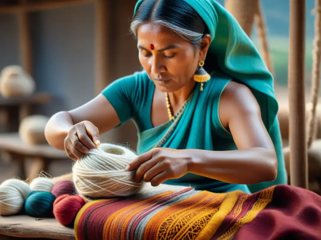 Artesano indígena hilando con materiales tradicionales, conectando con la tierra y creando arte contemporáneo