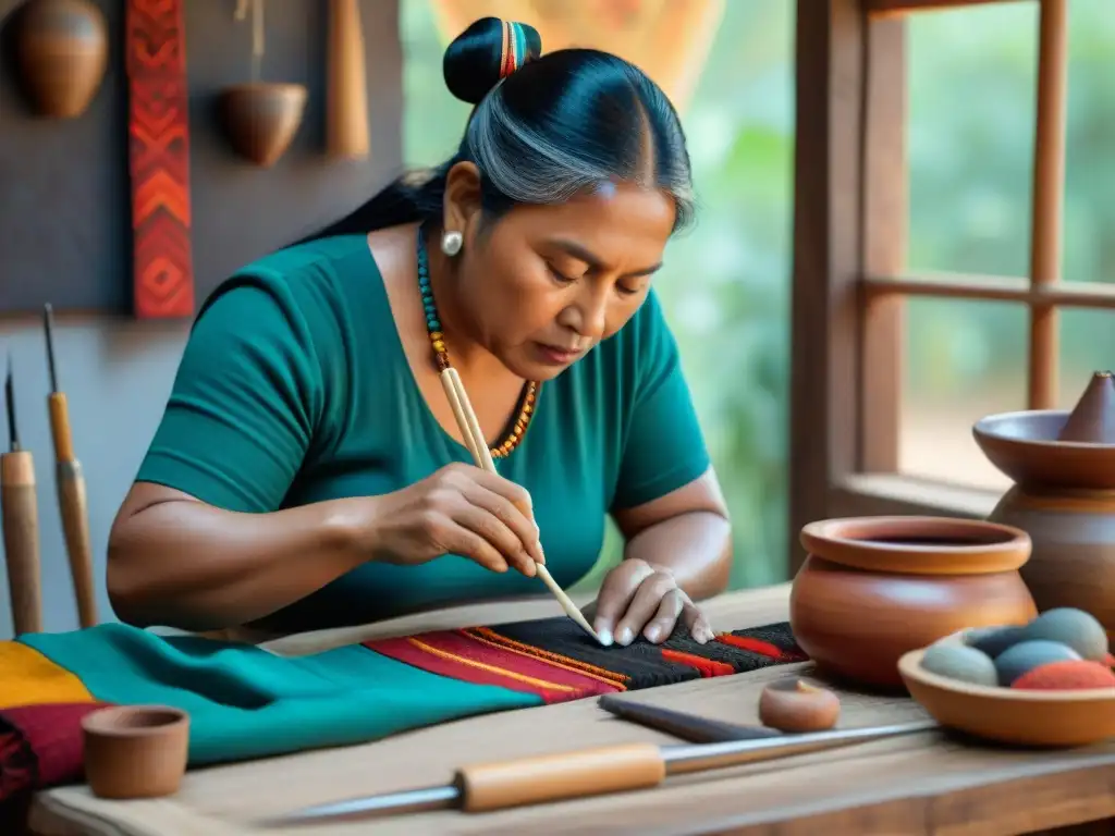 Un artesano indígena crea una obra tradicional en su taller, rodeado de herramientas y elementos culturales