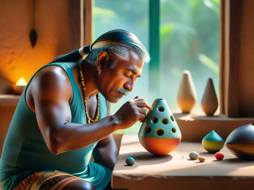 Artesano indígena moldea ocarina con significado espiritual, reflejando arte y cultura