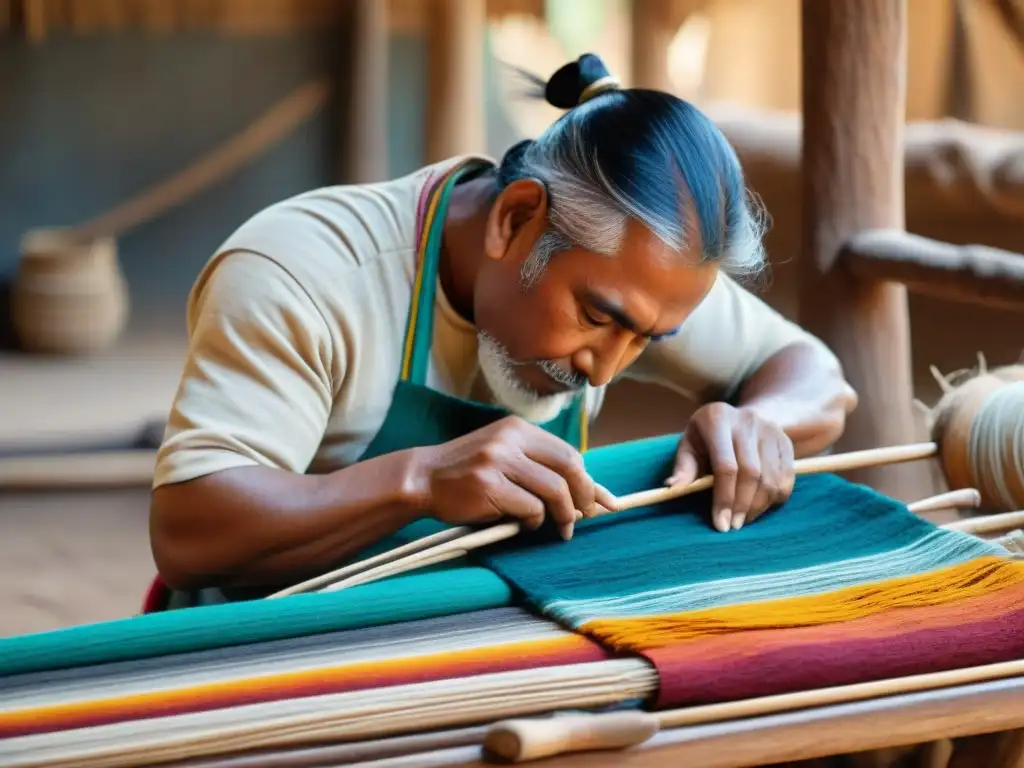 Artesano indígena tejiendo un patrón vibrante en textil tradicional, fusionando arte ancestral con diseño contemporáneo