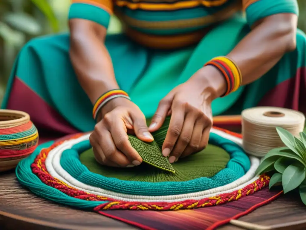 Hábil artesano indígena tejiendo patrones en una colorida tela, simbolizando las técnicas de tejido en las Américas