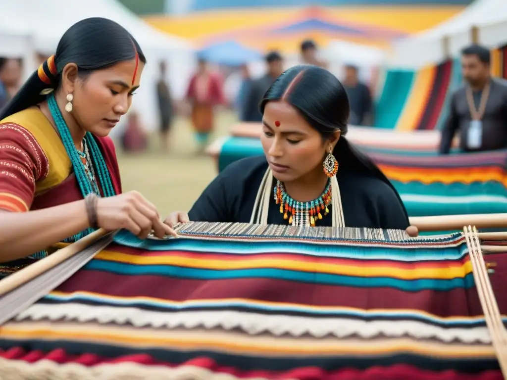 Un artesano indígena teje patrones coloridos en una feria internacional, reflejando la significación cultural de los textiles indígenas