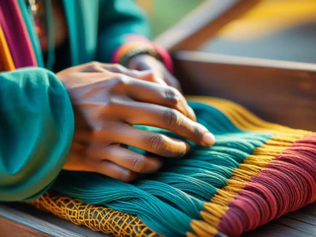 Un artesano indígena tejiendo patrones coloridos en tela tradicional, reflejando herencia cultural