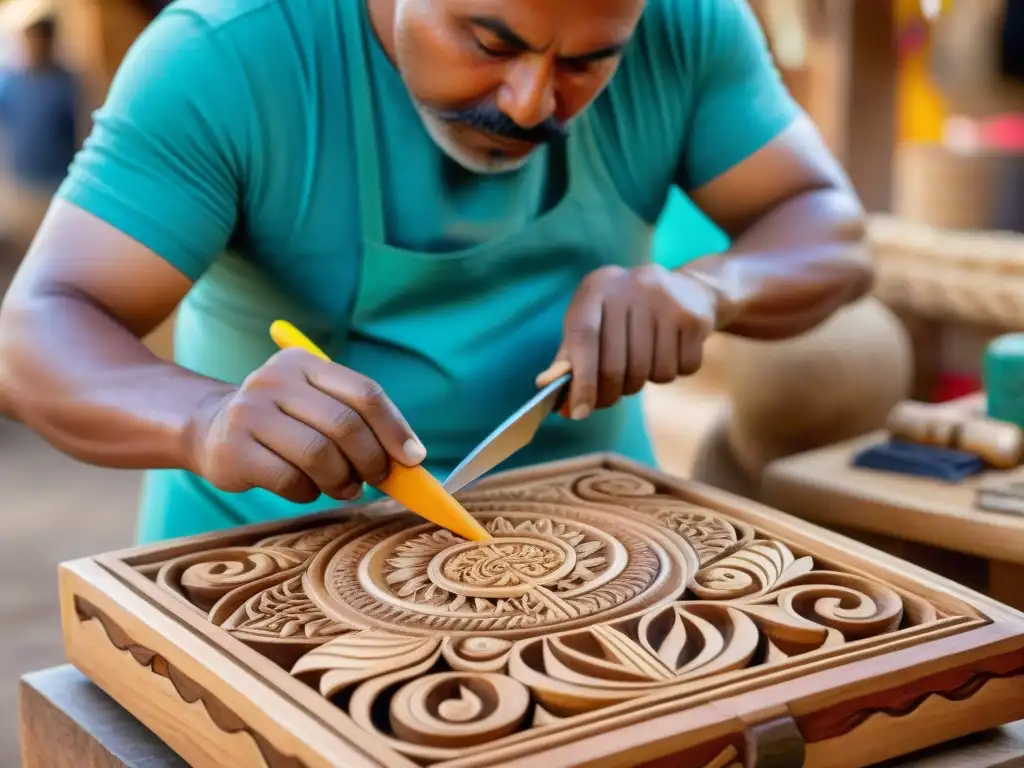 Un artesano indígena tallando patrones en madera en un mercado lleno de artesanías