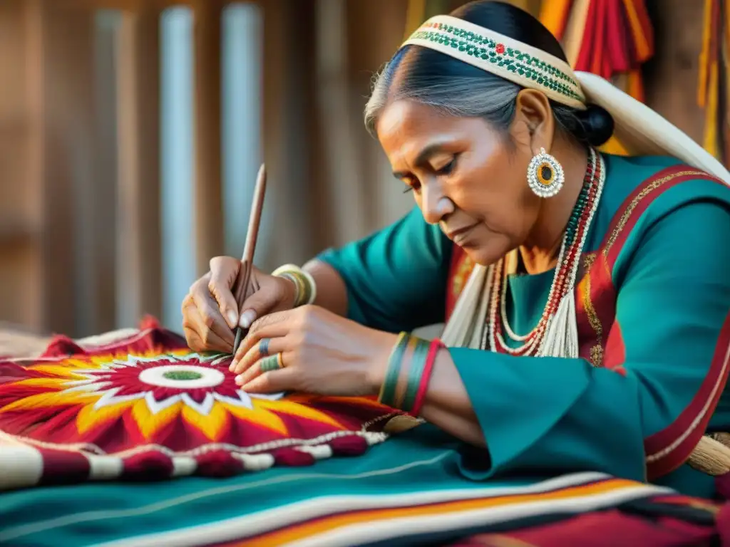 Un artesano indígena bordando patrones en una prenda tradicional, reflejando la meticulosidad y orgullo en la vestimenta indígena