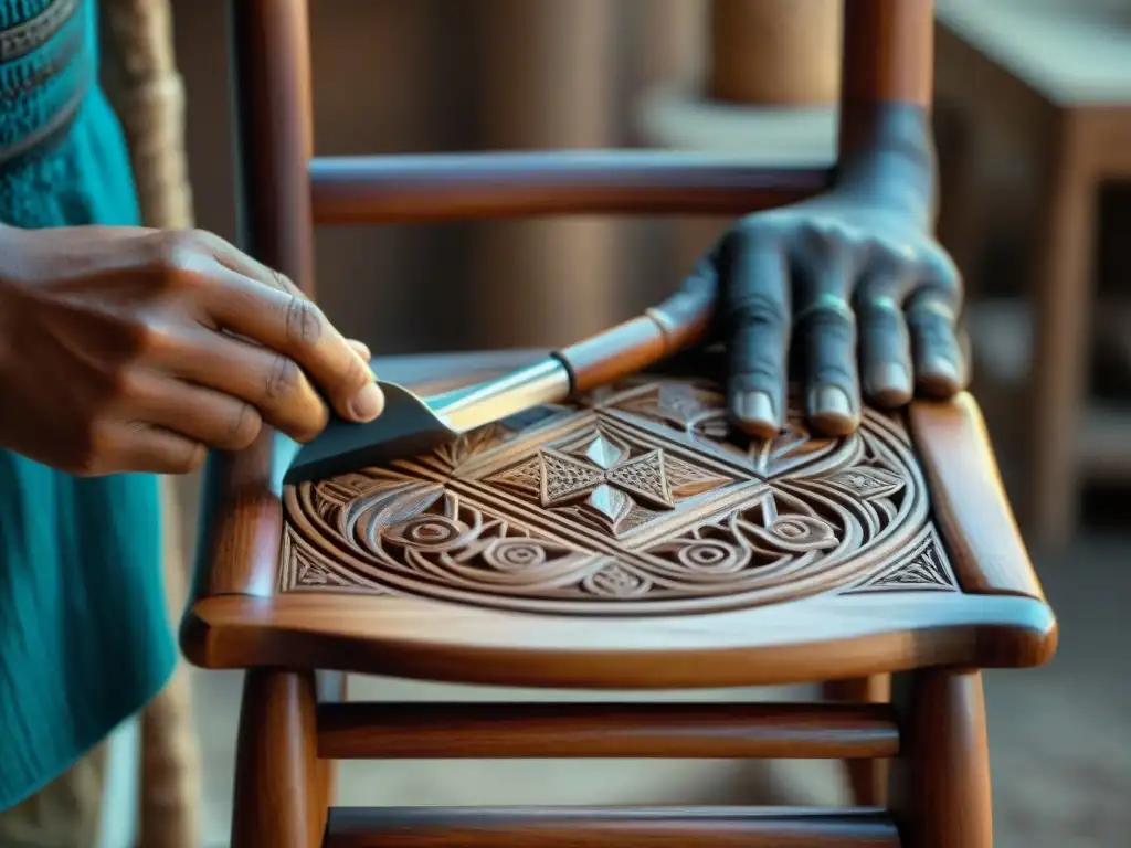 Un artesano indígena tallando patrones en silla de madera rodeado de herramientas tradicionales, reflejando la herencia cultural