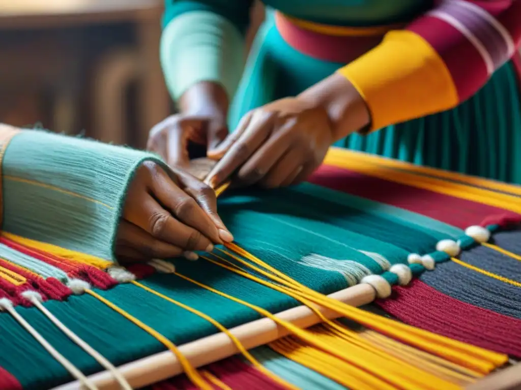 Artesano indígena tejiendo patrones en textil multicolor