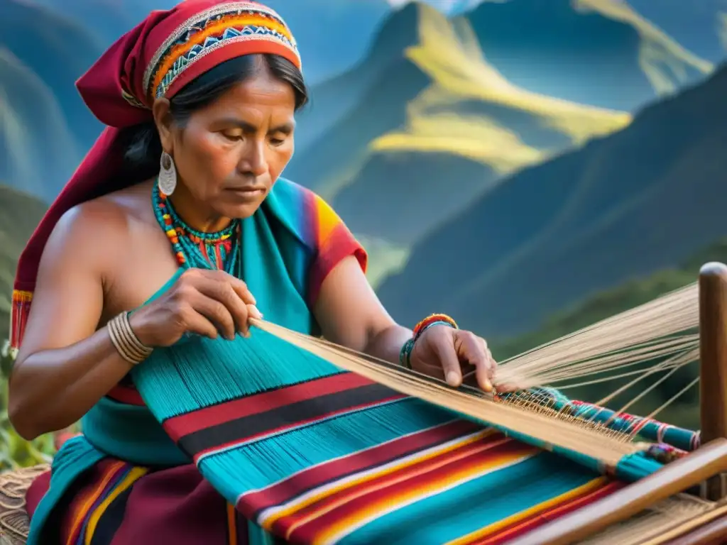 Un artesano indígena de los Andes teje patrones en un textil vibrante, simbolizando el tejido indígena en las Américas