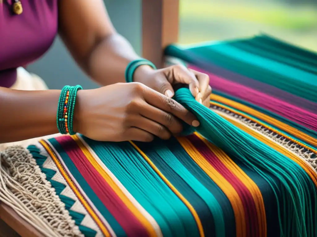 Un artesano indígena tejiendo patrones tradicionales en tela, fusionando moda indígena con tendencias occidentales