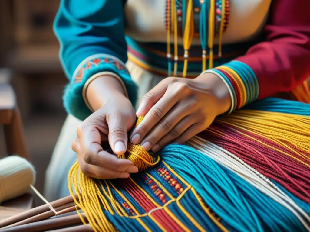 Artesano indígena tejiendo patrones tradicionales en vibrante tela