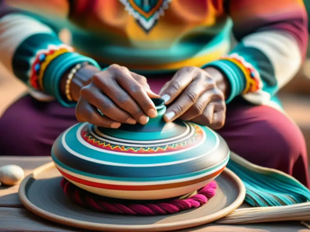 Artesano indígena tejiendo patrones tradicionales en cerámica, mercado colorido