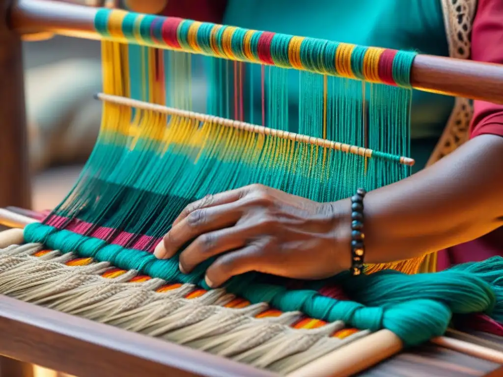 Un artesano indígena teje patrones tradicionales con innovación y destreza en tejidos vibrantes