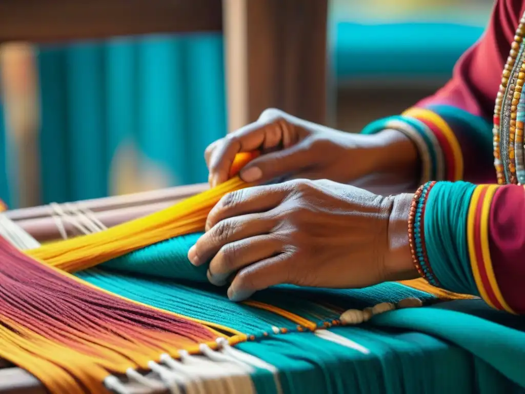 Un artesano indígena teje patrones vibrantes en un textil, destacando el renacimiento cultural indígena en documentales