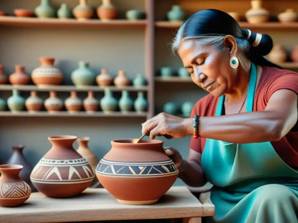 Un artesano indígena moldea una pieza de cerámica tradicional, con estantes llenos de artesanías auténticas de fondo