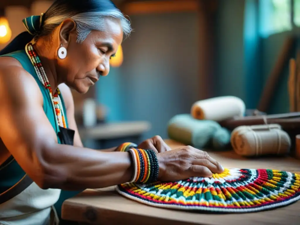 Artesano indígena elaborando pieza de diseño con cuentas y textiles coloridos en taller iluminado tenue