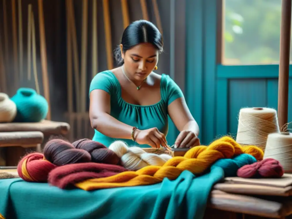 Artesano indígena creando producto tradicional rodeado de colores vibrantes