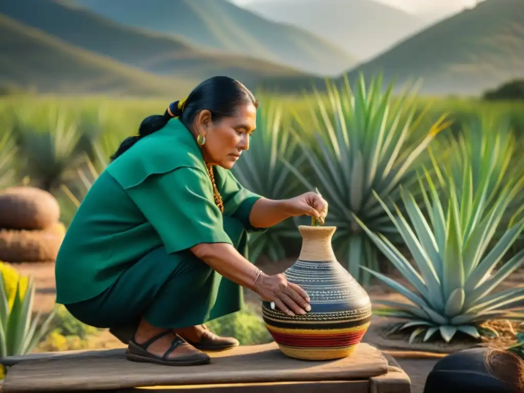 Artesano indígena de México creando raicilla entre agaves bajo el sol dorado