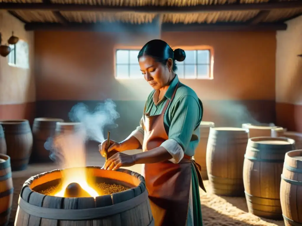 Artesano indígena de México destilando raicilla en una destilería rústica