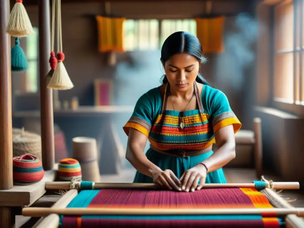 Hábil artesano indígena tejiendo en telar, rodeado de textiles coloridos y herramientas tradicionales