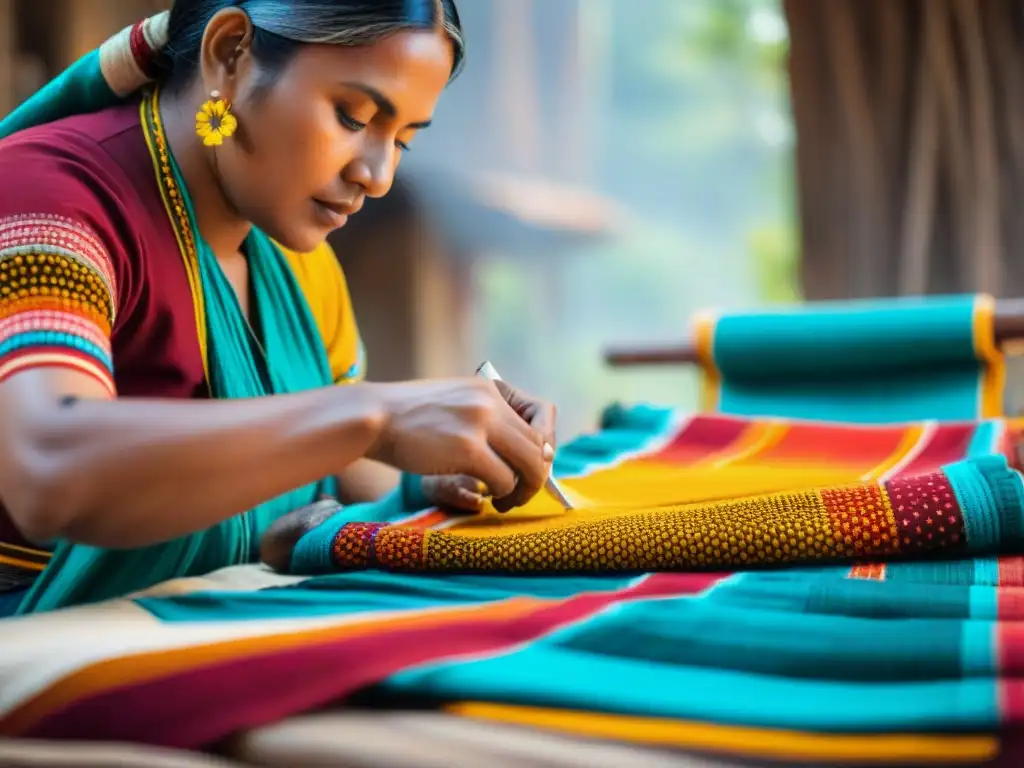 Un artesano indígena en ropa tradicional teje cuidadosamente una colorida pieza textil rodeado de telas vibrantes y tintes naturales