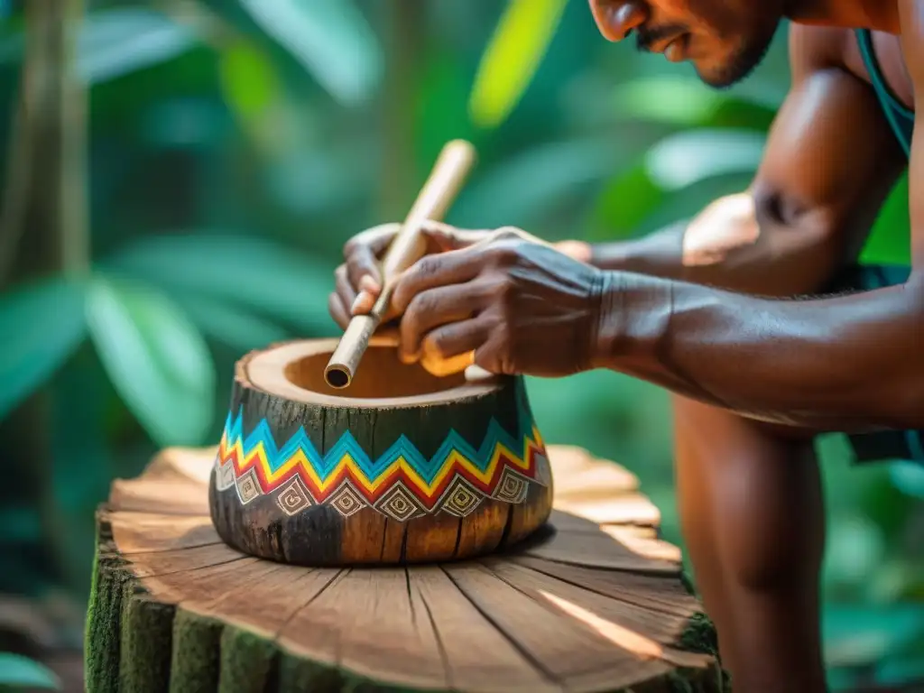 Un artesano indígena de la selva amazónica crea con destreza un instrumento musical tradicional tallado en un tronco hueco, rodeado de herramientas primitivas y patrones intrincados