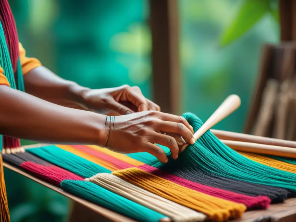 Un artesano indígena de la selva amazónica teje una colorida artesanía con técnicas tradicionales