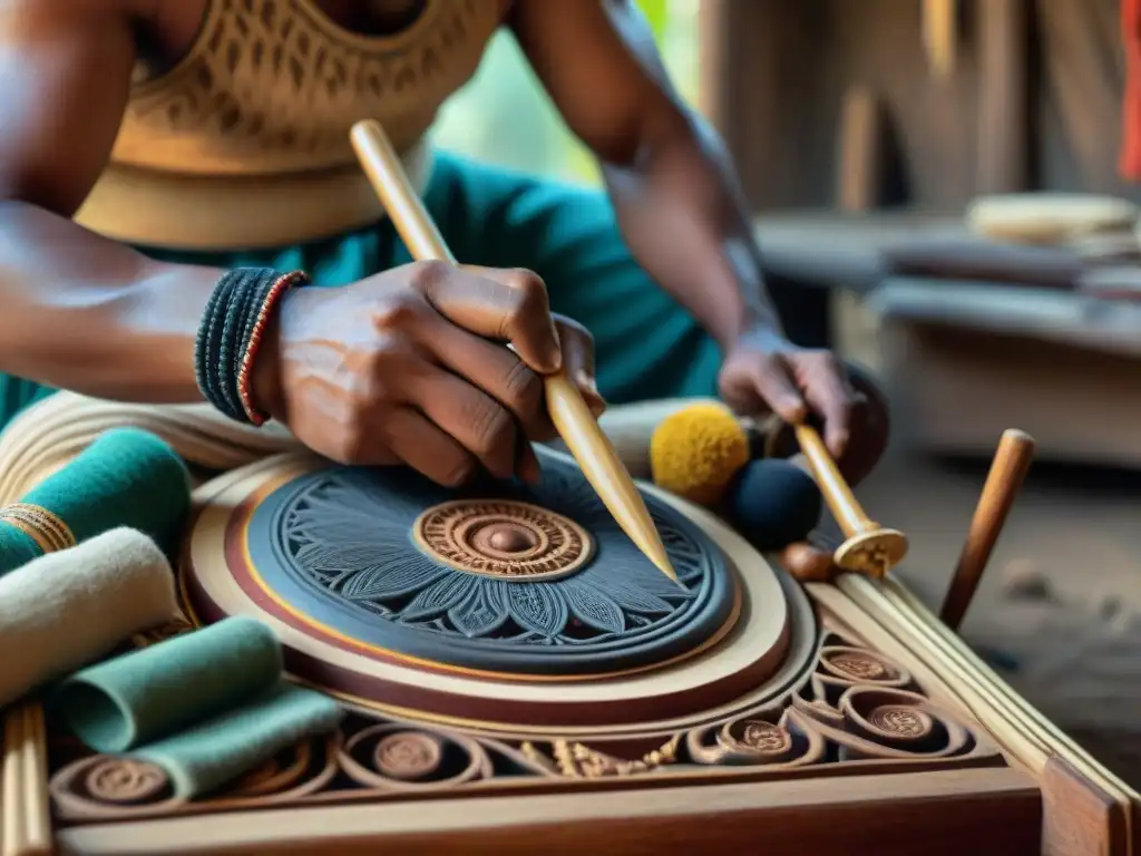 Un artesano indígena talla con destreza un instrumento de madera, rodeado de herramientas tradicionales