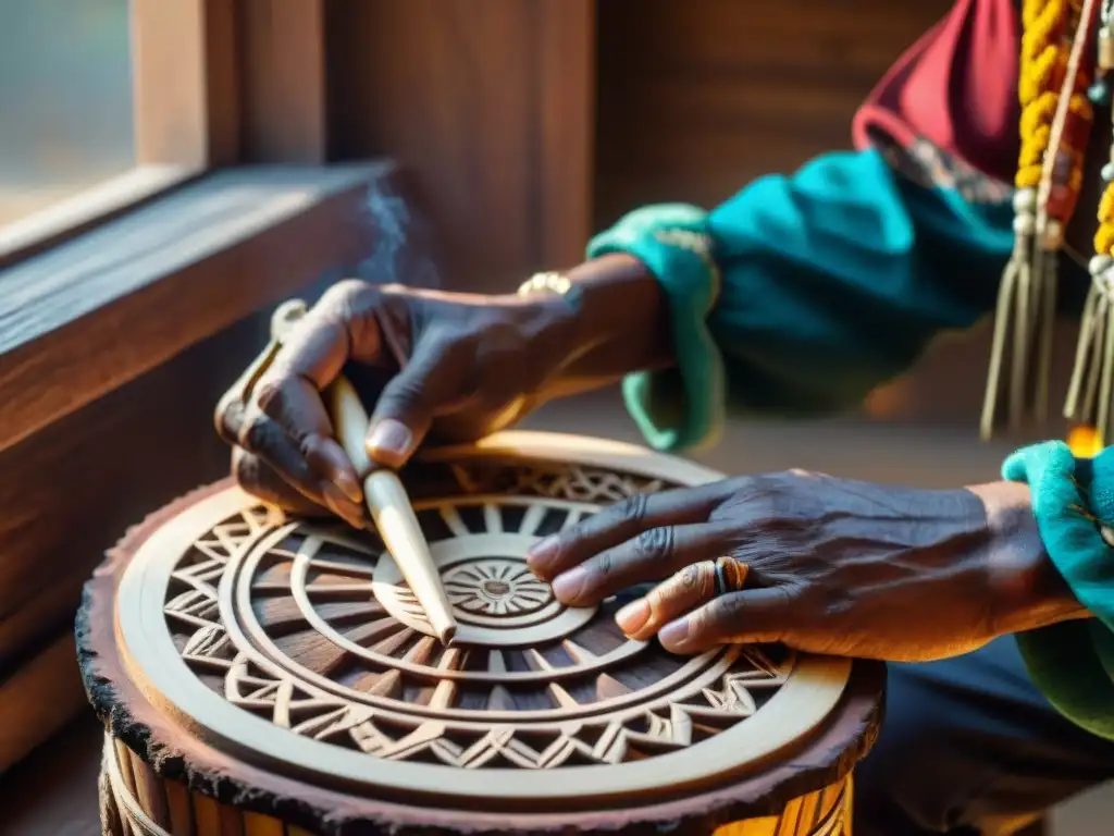 Un artesano indígena talla con destreza un instrumento tradicional, mostrando la construcción de un instrumento indígena de tradición