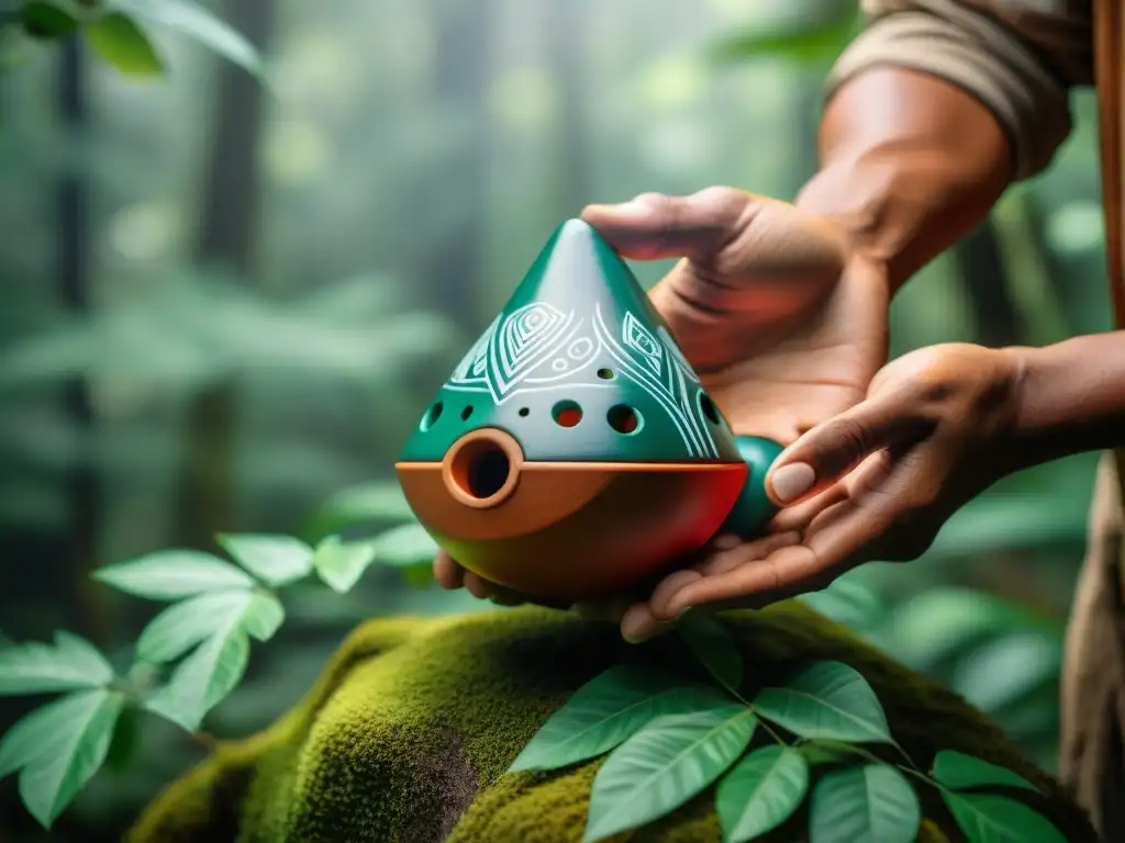 Un artesano indígena talla diseños en una ocarina, simbolizando creencias espirituales