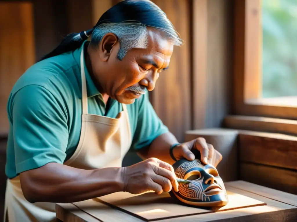 Un artesano indígena talla con maestría una máscara de madera, mostrando respeto por la historia y la tradición de las máscaras indígenas