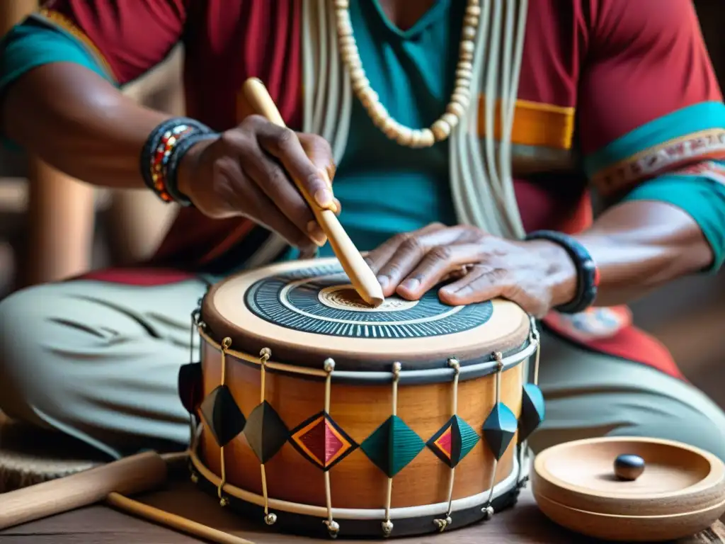 Un artesano indígena talla detalladamente patrones en un tambor de madera rodeado de instrumentos musicales indígenas