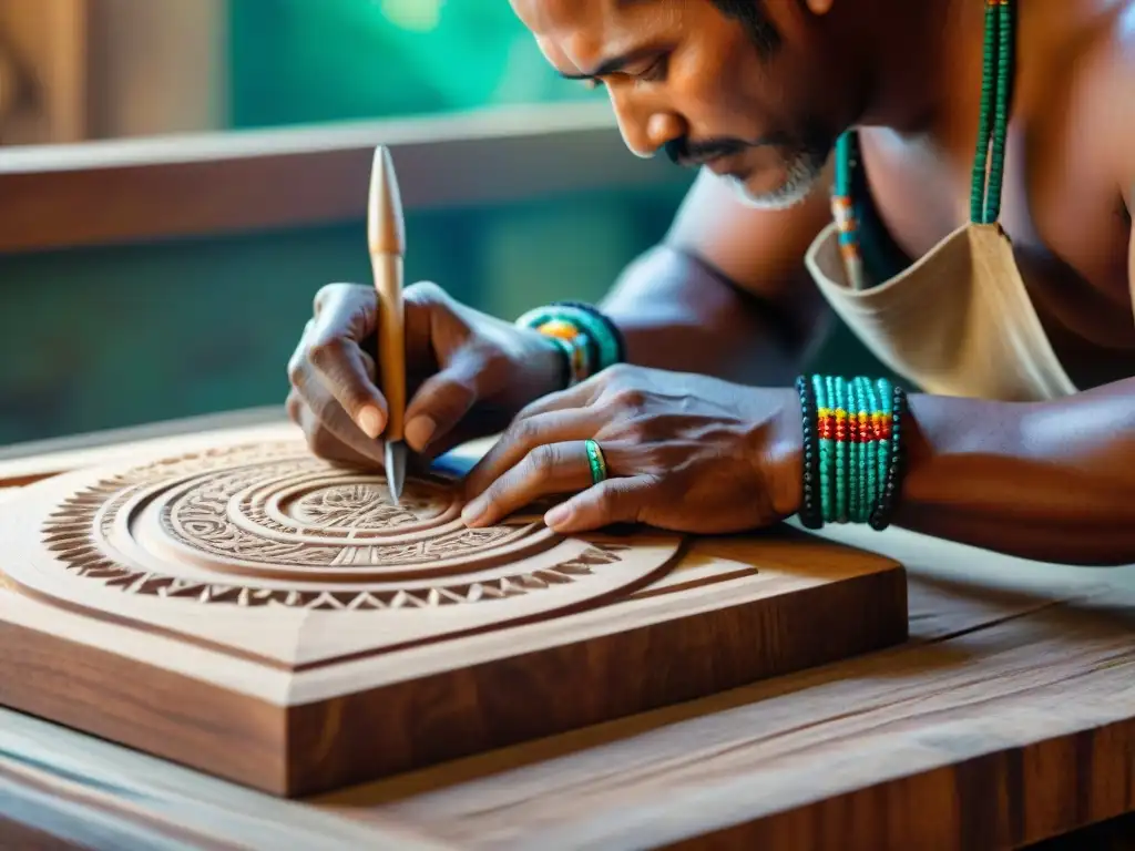 Un artesano indígena talla símbolos y patrones en un bloque de madera, con las manos adornadas y la luz solar que resalta su dedicación