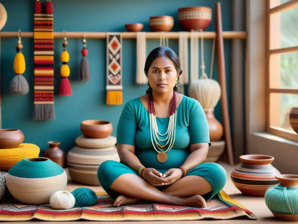 El hábil artesano indígena teje en un taller colorido, mostrando la herencia cultural