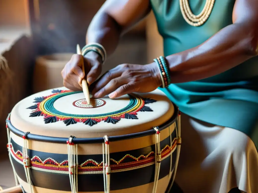 Un artesano indígena crea un tambor ceremonial con materiales naturales, destacando el significado de los instrumentos musicales indígenas