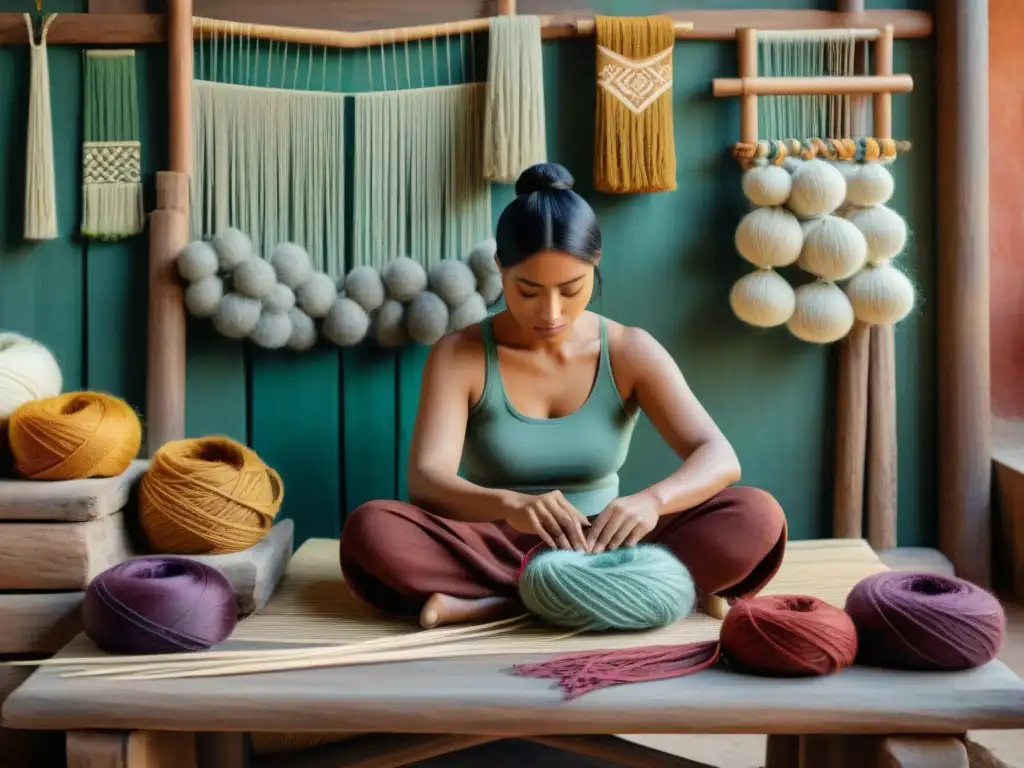 Un artesano indígena teje con técnicas de tejido indígenas sostenibles en un taller rústico rodeado de colores vibrantes y símbolos tradicionales