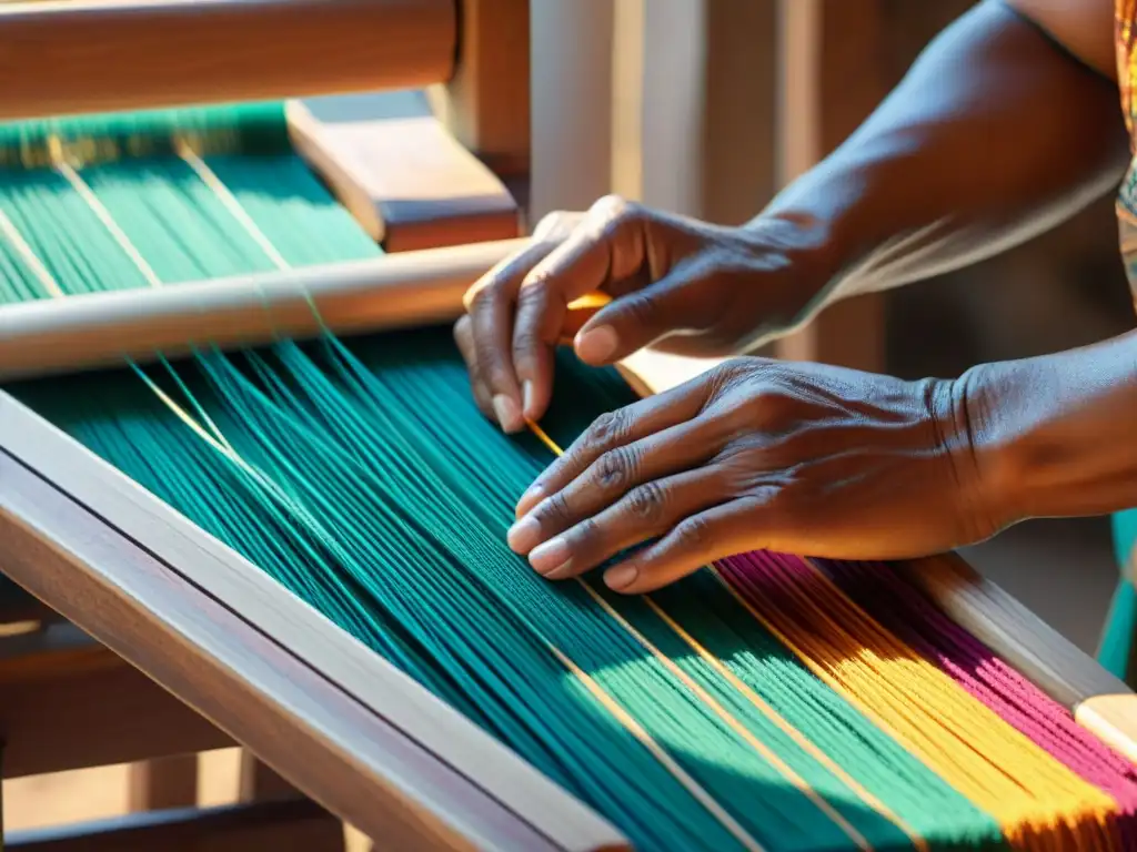 Un artesano indígena tejiendo con maestría en un telar de madera, fusionando tradición y diseño contemporáneo