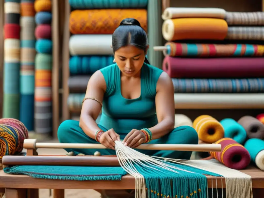 Un artesano indígena tejiendo en un telar tradicional rodeado de colores vibrantes y patrones detallados