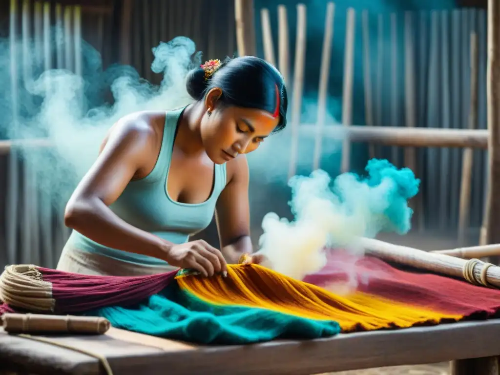 Un artesano indígena tejiendo un textil con técnicas tradicionales, resaltando colores y patrones vibrantes