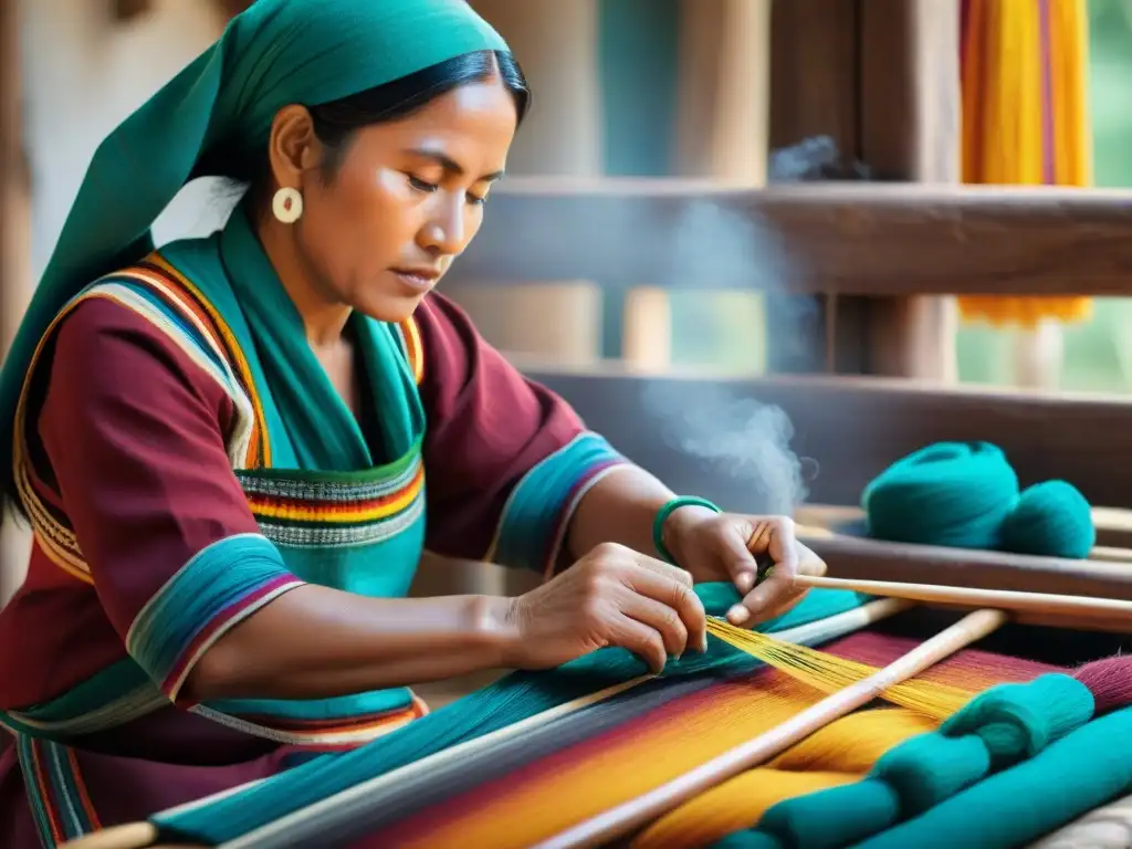 Artesano indígena tejiendo textil en telar tradicional, resaltando comercio justo beneficios comunidades indígenas